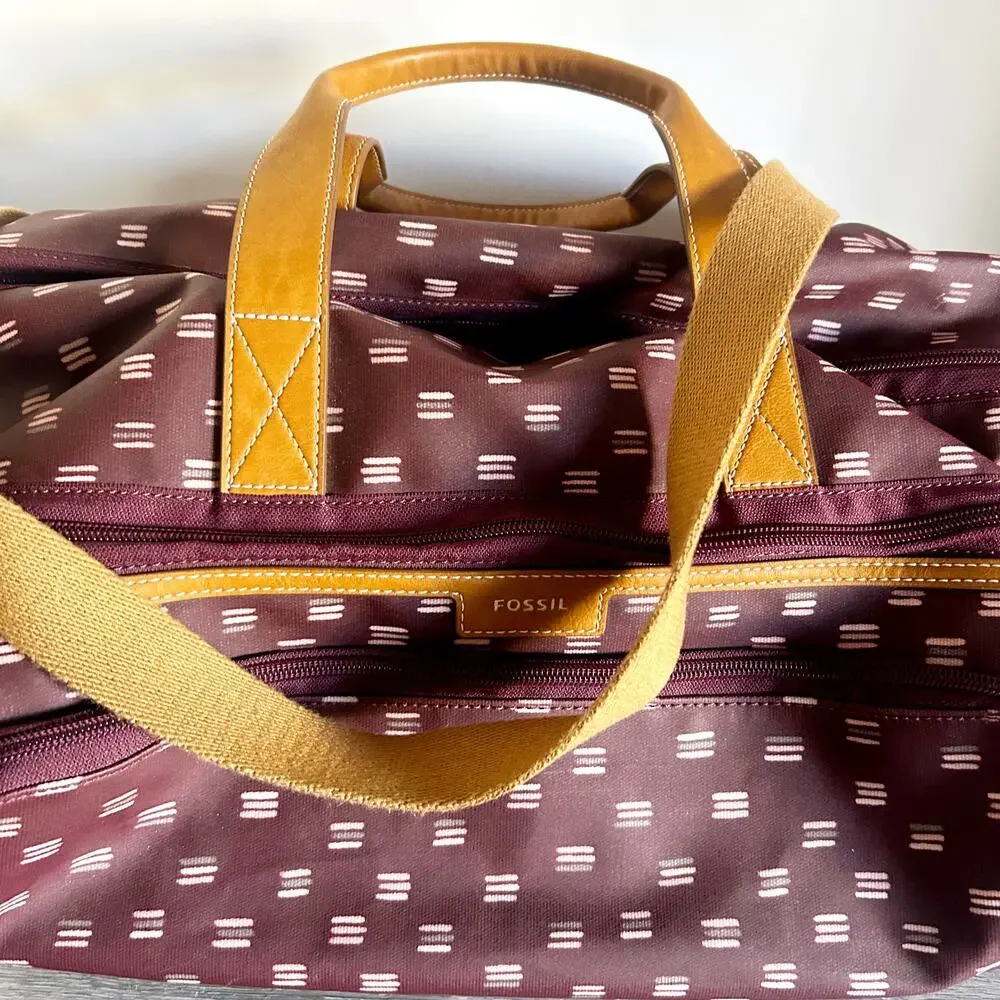 Fossil Eliza Purple Duffel Luggage Bag Maroon w/ Leather Straps & Accents EUC